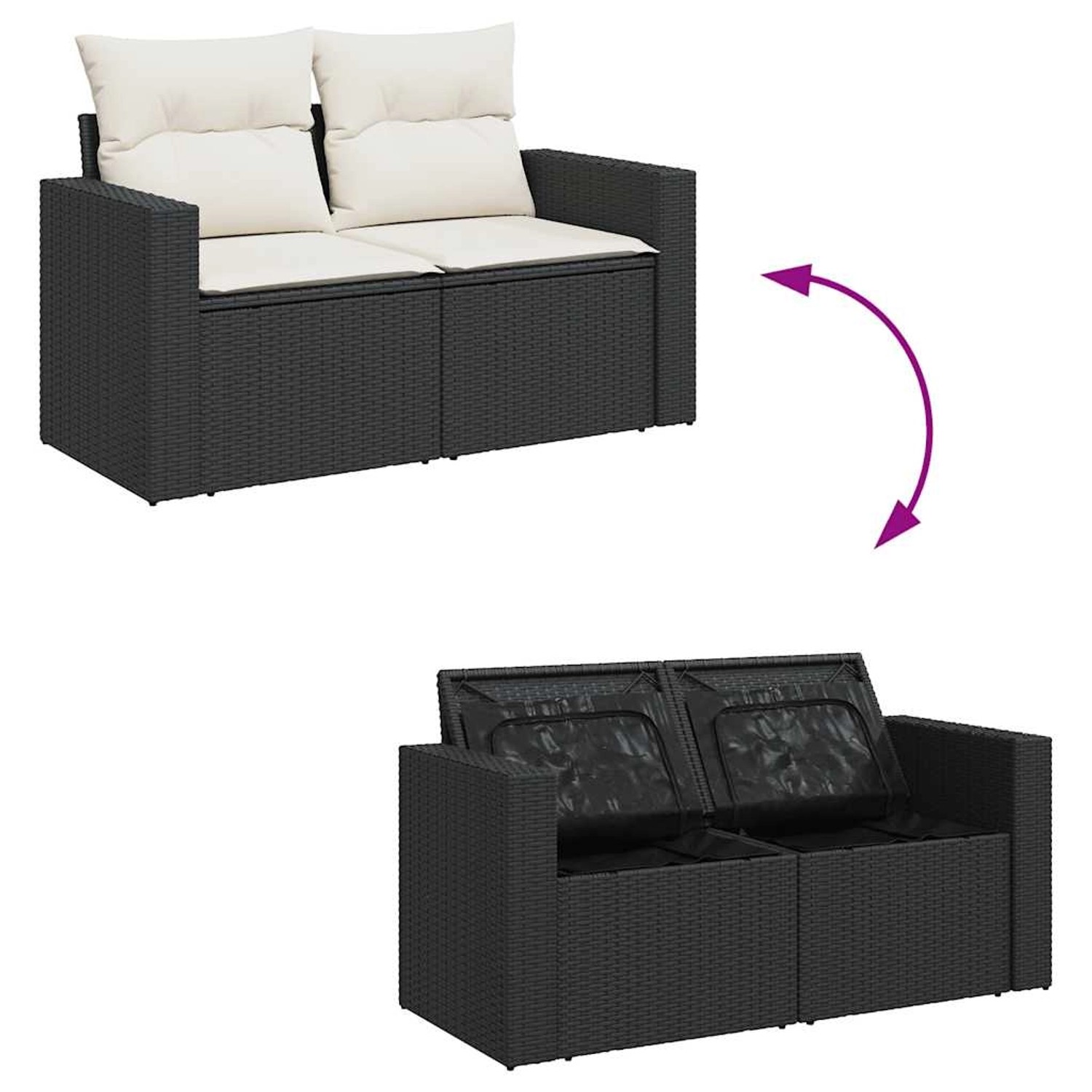 Schwarze 10-tlg. vidaXL Garten-Sofagarnitur aus Rattan mit Kissen und Stauraum.