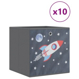 10er Set graue Faltboxen (32x32x32 cm) mit Raketen-Motiv aus Vliesstoff für Aufbewahrung & Ordnung.
