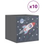 10er Set graue Faltboxen (32x32x32 cm) mit Raketen-Motiv aus Vliesstoff für Aufbewahrung & Ordnung.