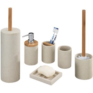 Wenko Vico Beige Bad-Set: Seifenspender, Zahnputzbecher, WC-Garnitur und Seifenschale in Steinoptik.