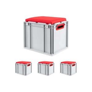 Sparset: 4 graue Euroboxen mit rotem Sitzkissen, 30 Liter, mit Griffen. Ideal als Sitzbox und Transportbox.