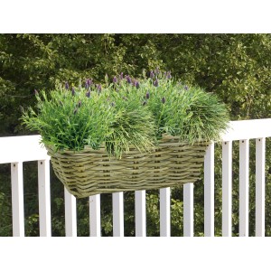 Grauer Rattan Balkonkorb (46x15x15cm) mit Lavendel, hängt an einem weißen Balkongeländer.
