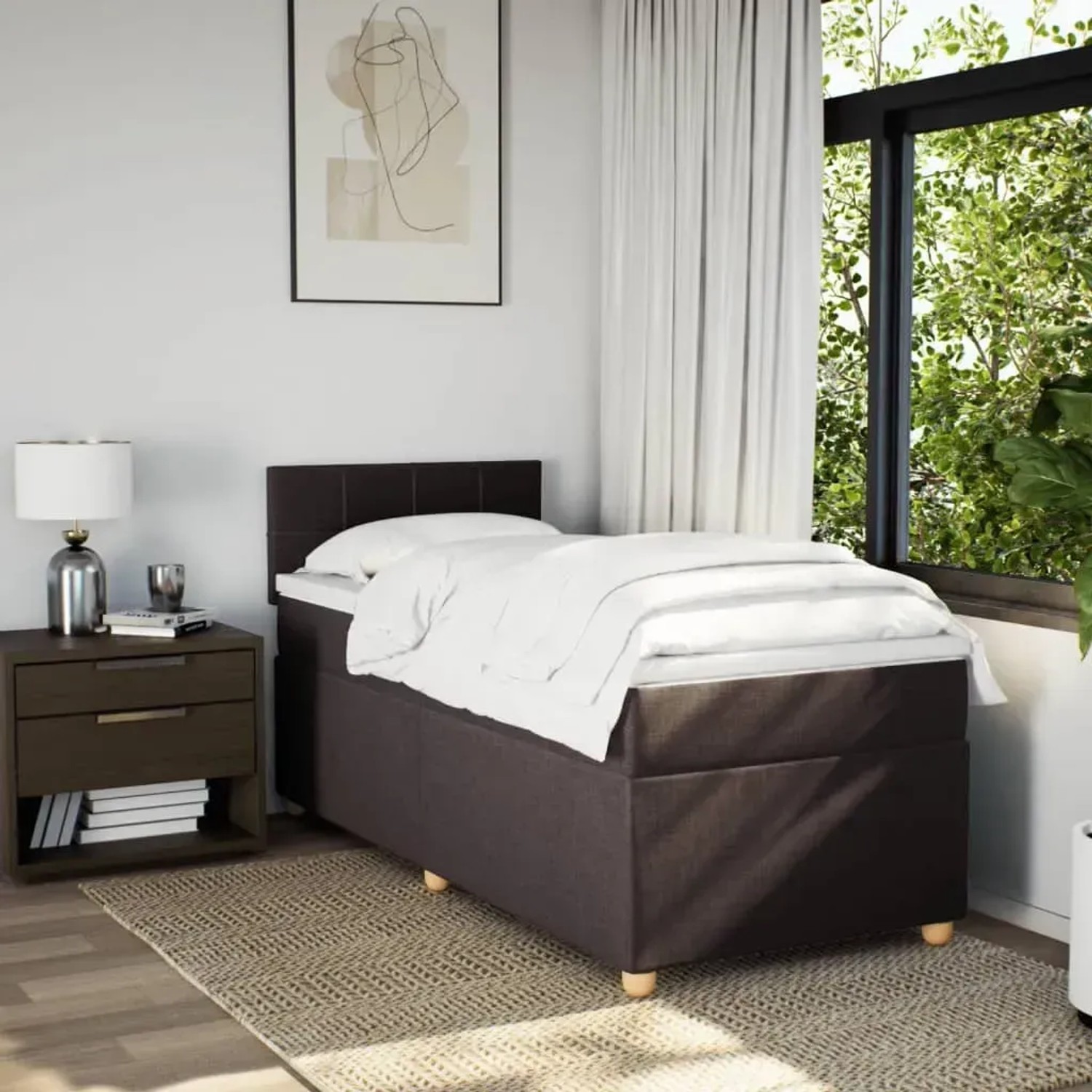 vidaXL Boxspringbett, dunkelbraun, 90x190 cm, Stoffbett mit Matratze und Nachttisch im Schlafzimmer.