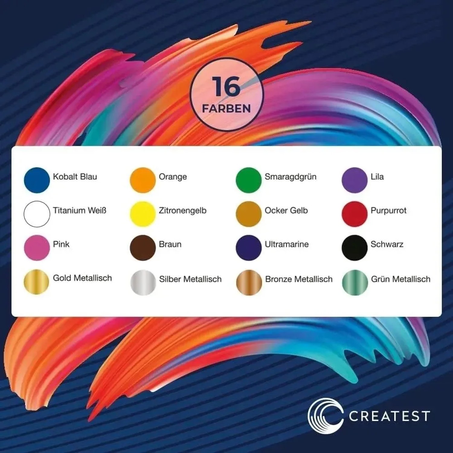 CREATEST Acrylfarben-Set, 16 Farben inkl. Pinsel und Mischpalette für Leinwandmalerei.
