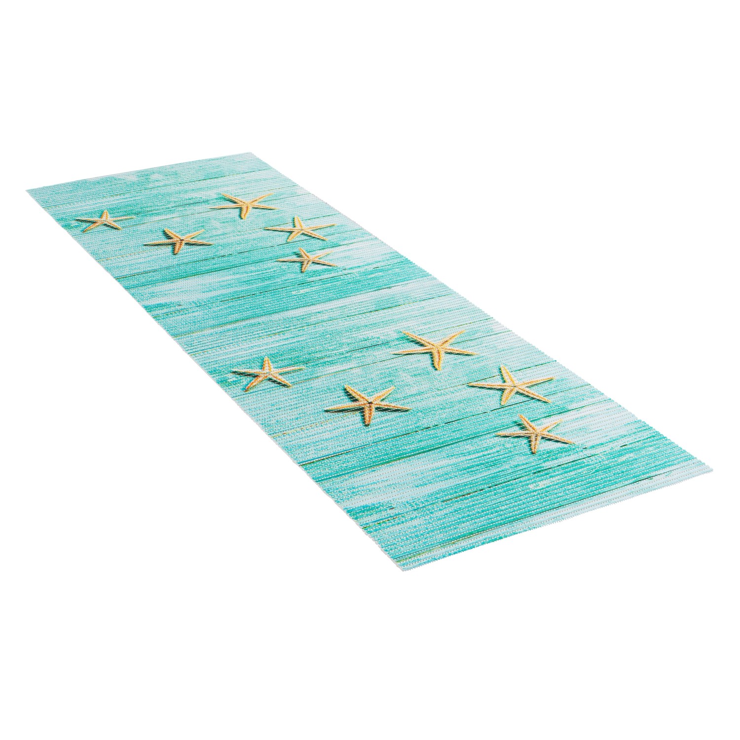 Mehrfarbige Wenko Badematte Mediaster, 65x200 cm, mit Seestern-Motiv für Bad und mehr.