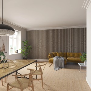 Wohnraum mit Akustikpaneel Steinfurnier Tan an der Wand.