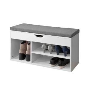 Weiße SoBuy Schuhbank mit grauem Sitzkissen, Stiefelfach und zwei Schuhfächern aus Holzwerkstoff für den Flur.