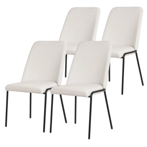 Vier beige Esszimmerstühle mit Stoffbezug und schwarzen Metallbeinen. Modernes 4er Set für Esszimmer.