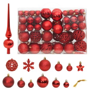 111-teiliges Weihnachtskugel-Set in Rot mit Christbaumspitze, Kugeln, Sternen und Schneeflocken.