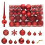 111-teiliges Weihnachtskugel-Set in Rot mit Christbaumspitze, Kugeln, Sternen und Schneeflocken.