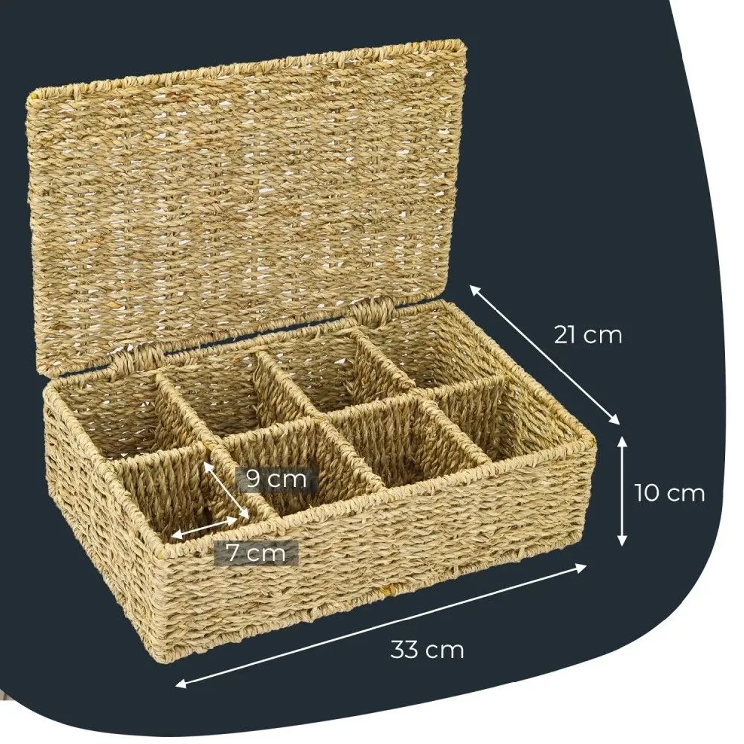 Offene Teebox aus geflochtenem Seegras mit 8 Fächern. Ideal zur Aufbewahrung von Teebeuteln. Maße: 33x21x10 cm.
