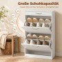 Weißer HOMCOM Schuhschrank aus MDF mit 2 Kippfächern und Schublade, gefüllt mit Schuhen. Ideal für Flure.