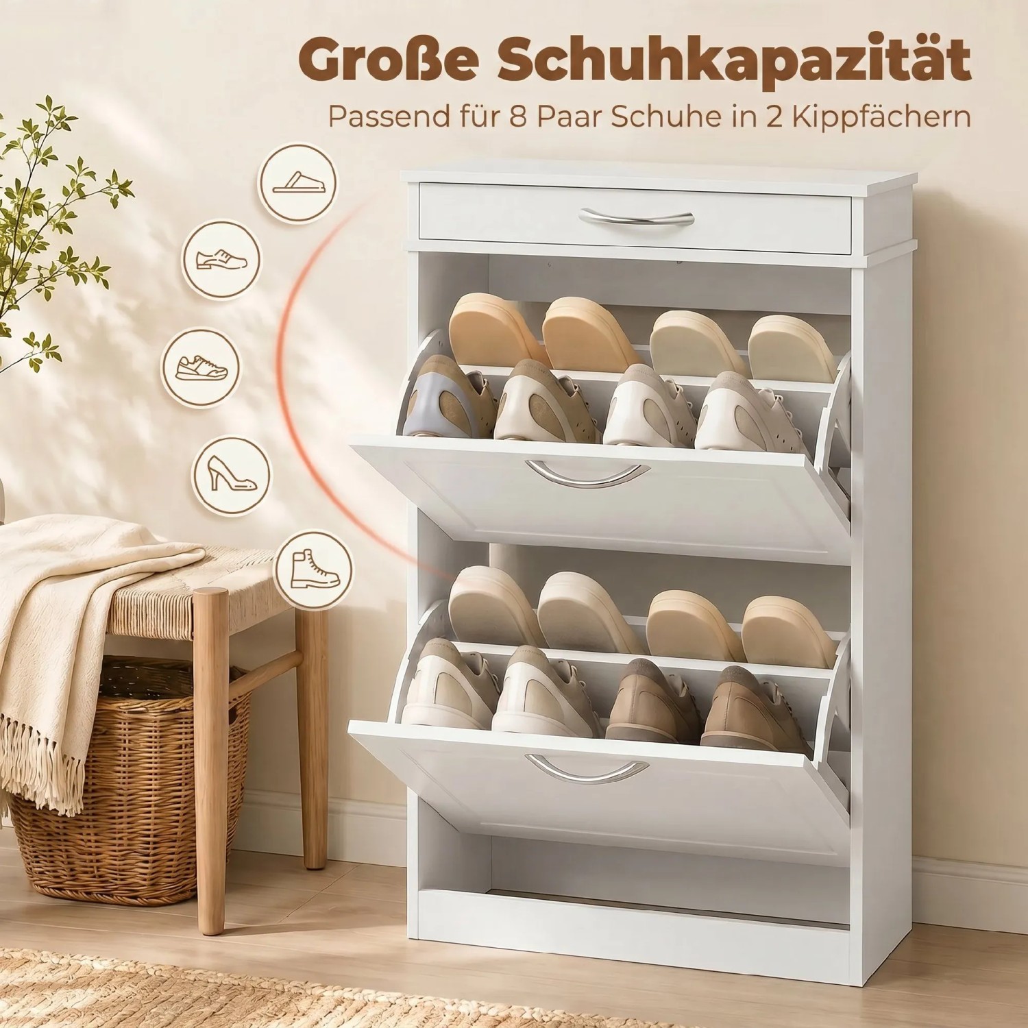 Weißer HOMCOM Schuhschrank aus MDF mit 2 Kippfächern und Schublade, gefüllt mit Schuhen. Ideal für Flure.