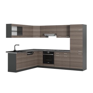 Vicco R-Line Eckküche in Edelgrau/Anthrazit mit Spüle, Herd und Dunstabzugshaube.