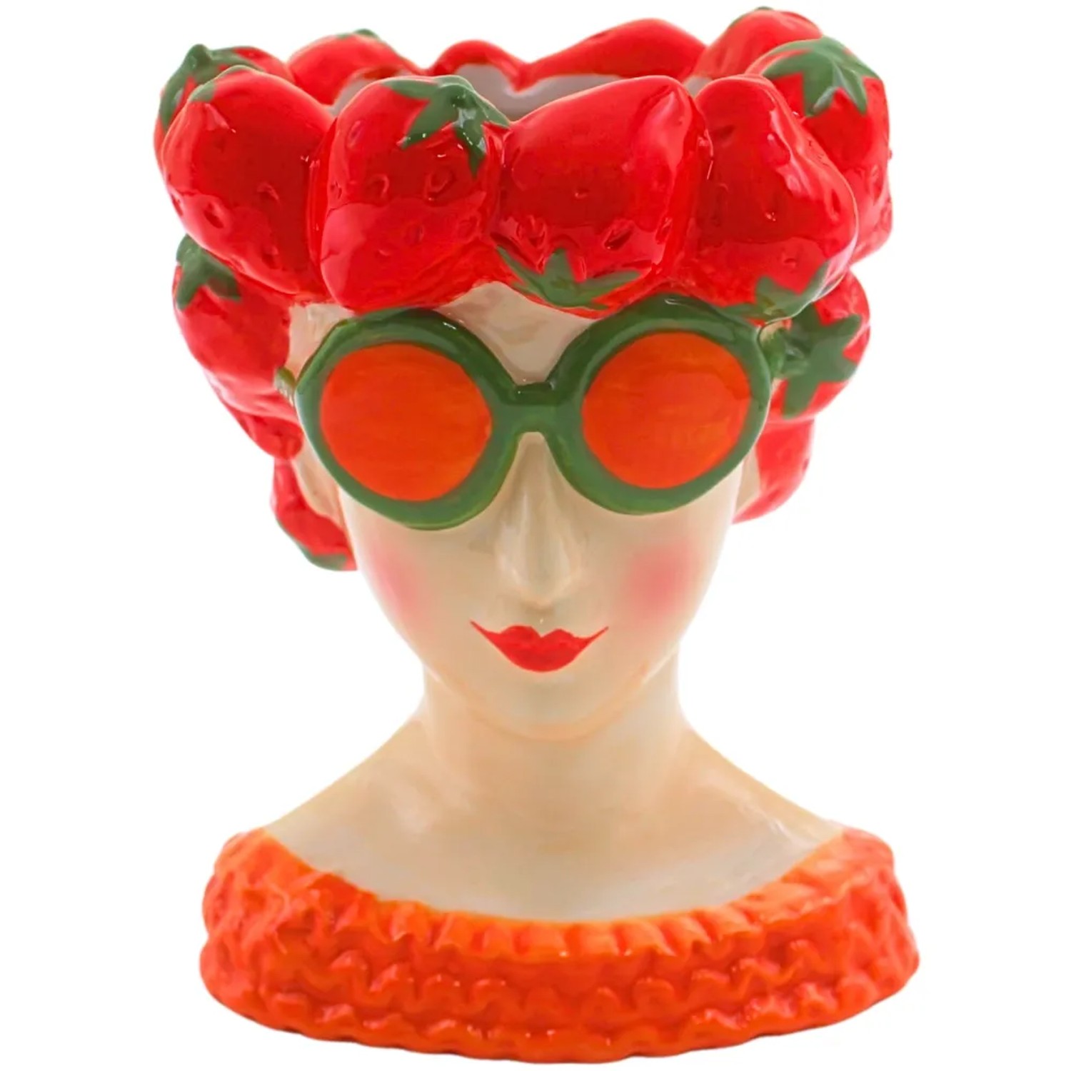 Dekohelden24 Blumentopf Pflanztopf Vase als Frau mit Erdbeerkopfschmuck Pflanzgefäß Frau mit Erdbeere Dekor aus Keramik in Bunt L/B/H 12 x 13 x 18 cm