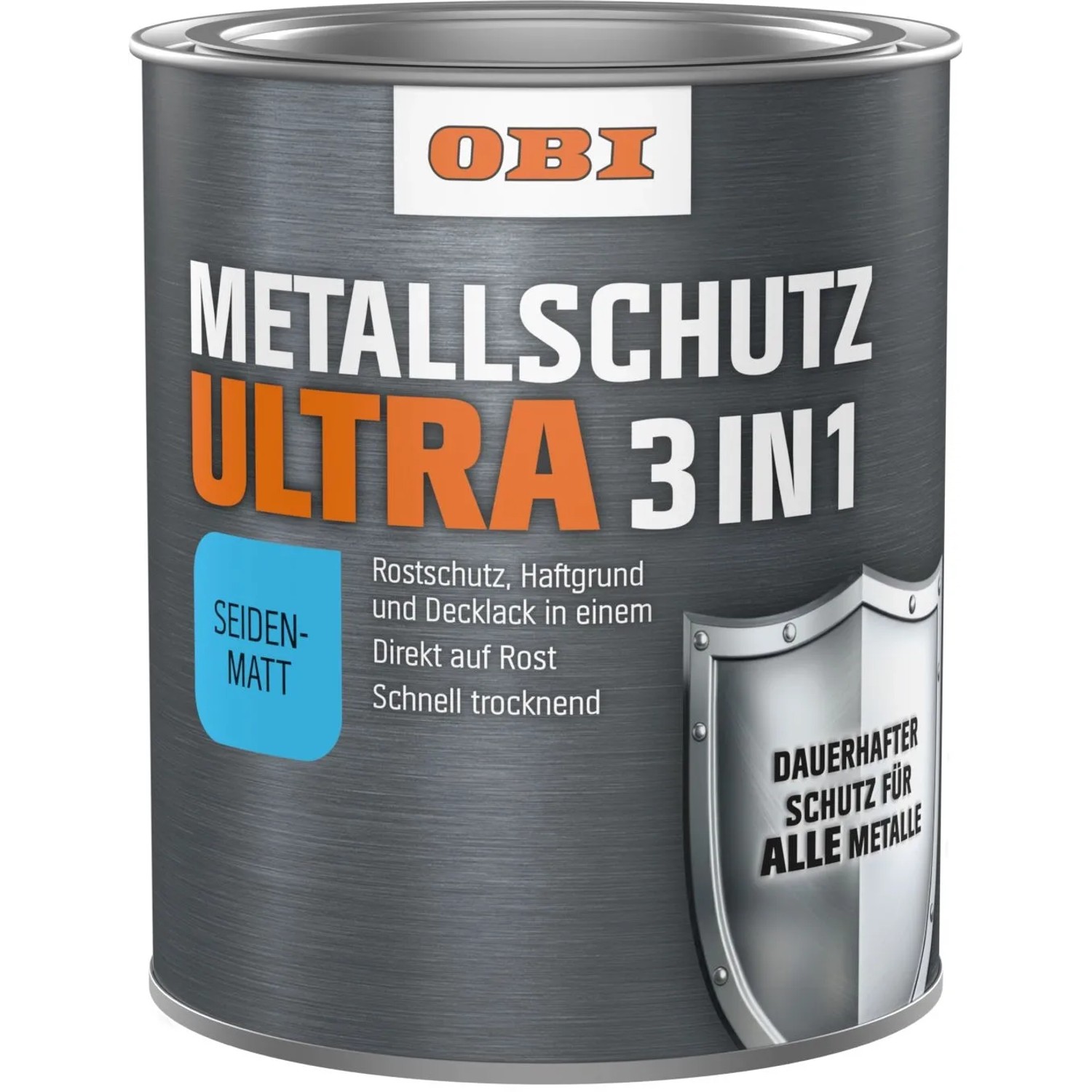 Dose OBI Metallschutzlack Ultra, seidenmatt, weiß, 750ml. Rostschutz, Grundierung und Decklack in einem.