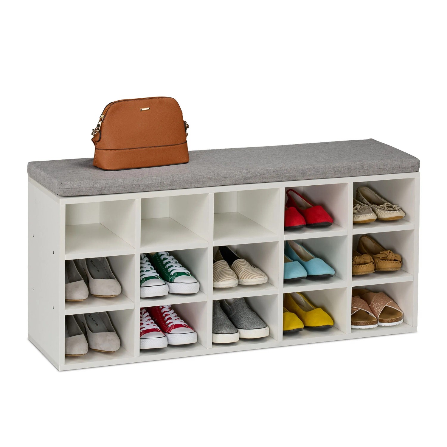 Relaxdays Schuhbank 15 Fächer Holzwerkstoff Weiß Gepolstert 48 cm x 105 cm x 30 cm 19,5 kg