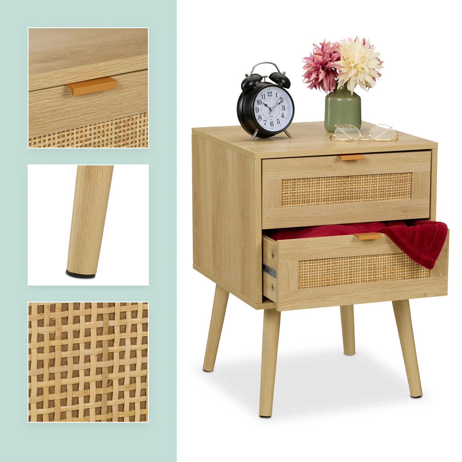 Relaxdays Nachttisch Faserplatte Kiefernholz Aluminium Natur Mit 2 Schubladen 55 cm x 40 cm x 41,5 cm 8,9 kg_5