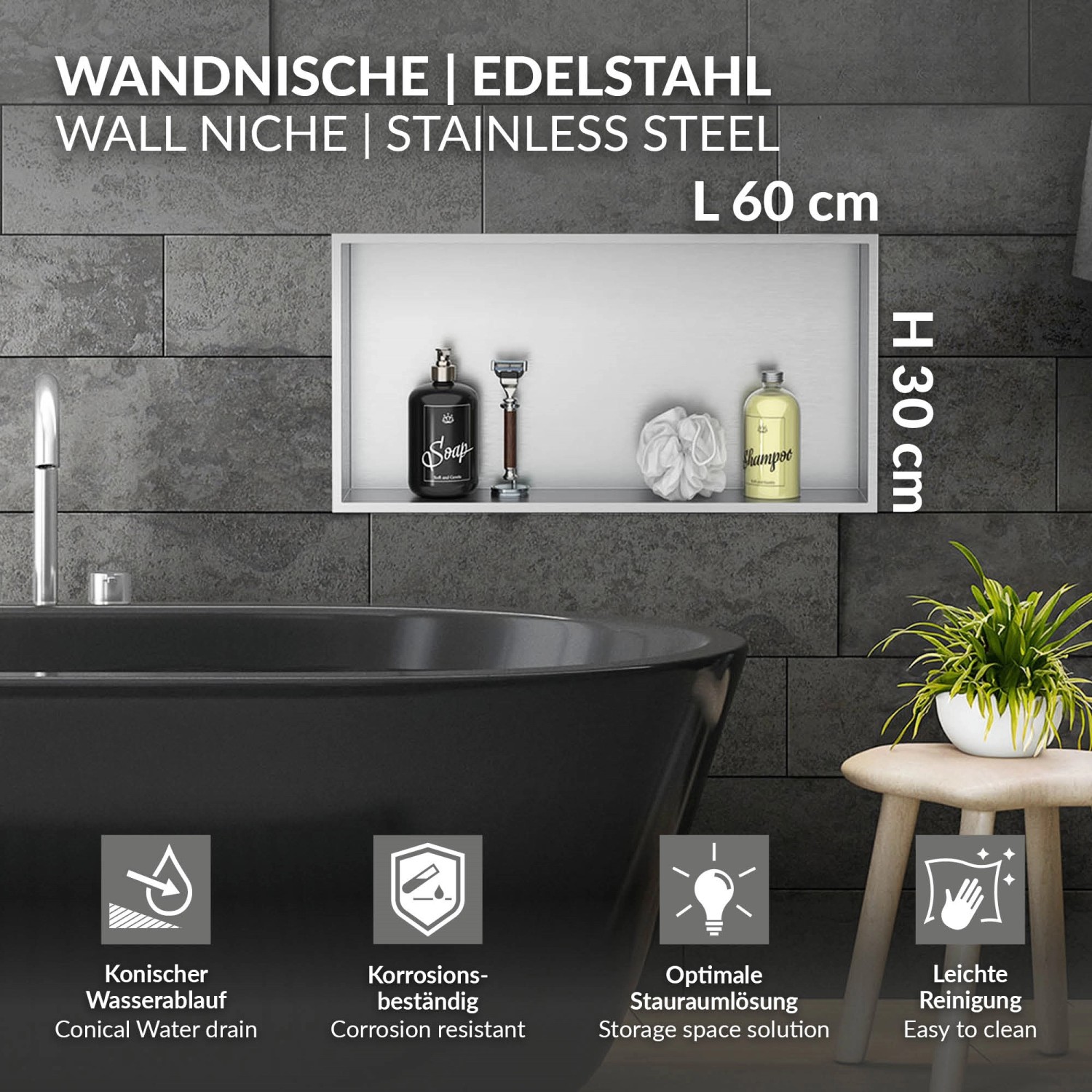 Silberne LuxeBath Wandnische aus Edelstahl, 60x30x10 cm, als Einbauregal im Bad.