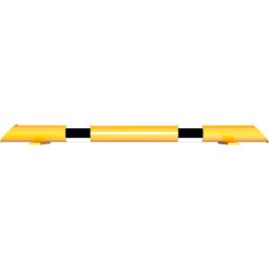 Gelb-schwarzer Rammschutzbalken (Ø 76 mm) zur Dübelbefestigung, 1200 mm breit.