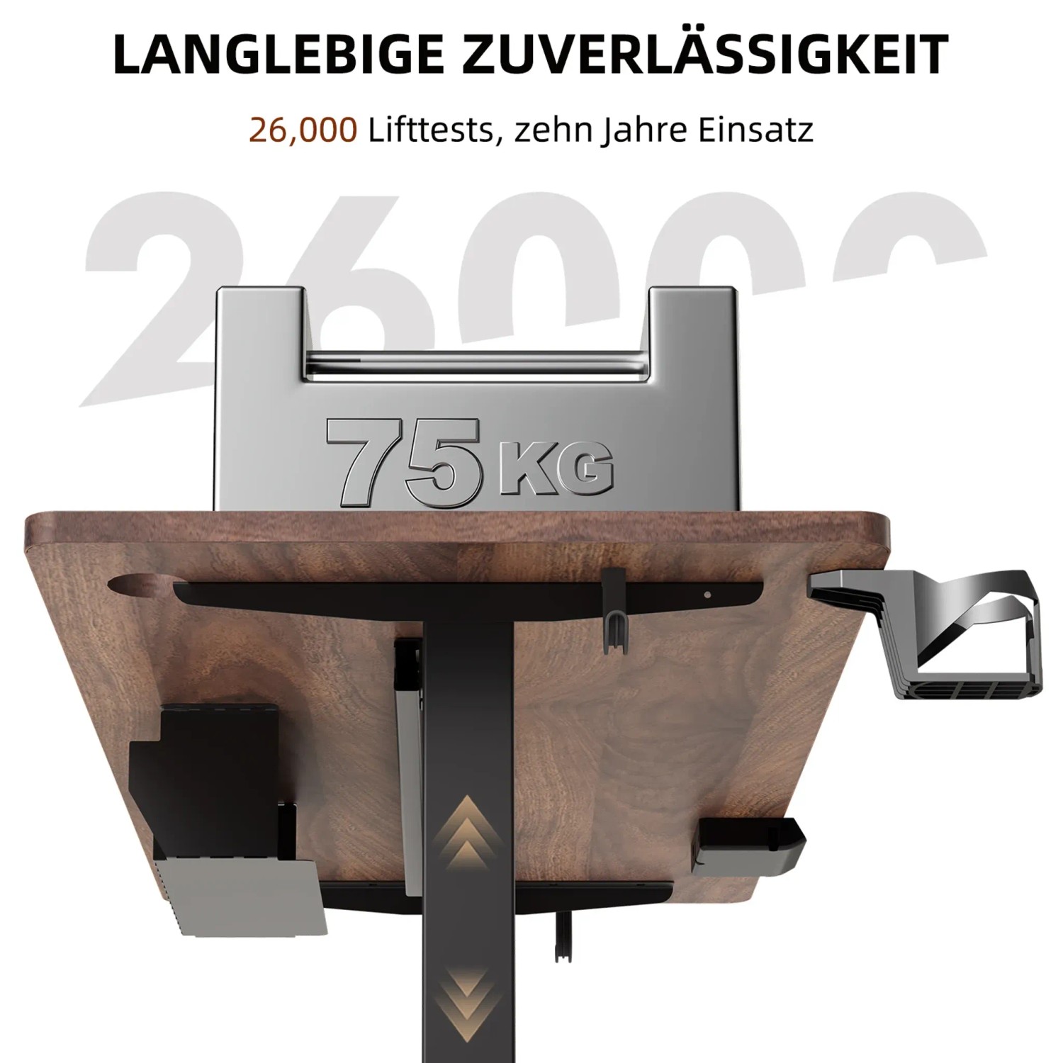 Detailansicht HOMAVO Schreibtisch: Stabilitätstest mit 75 kg Gewicht auf Holzplatte, schwarzes Gestell.