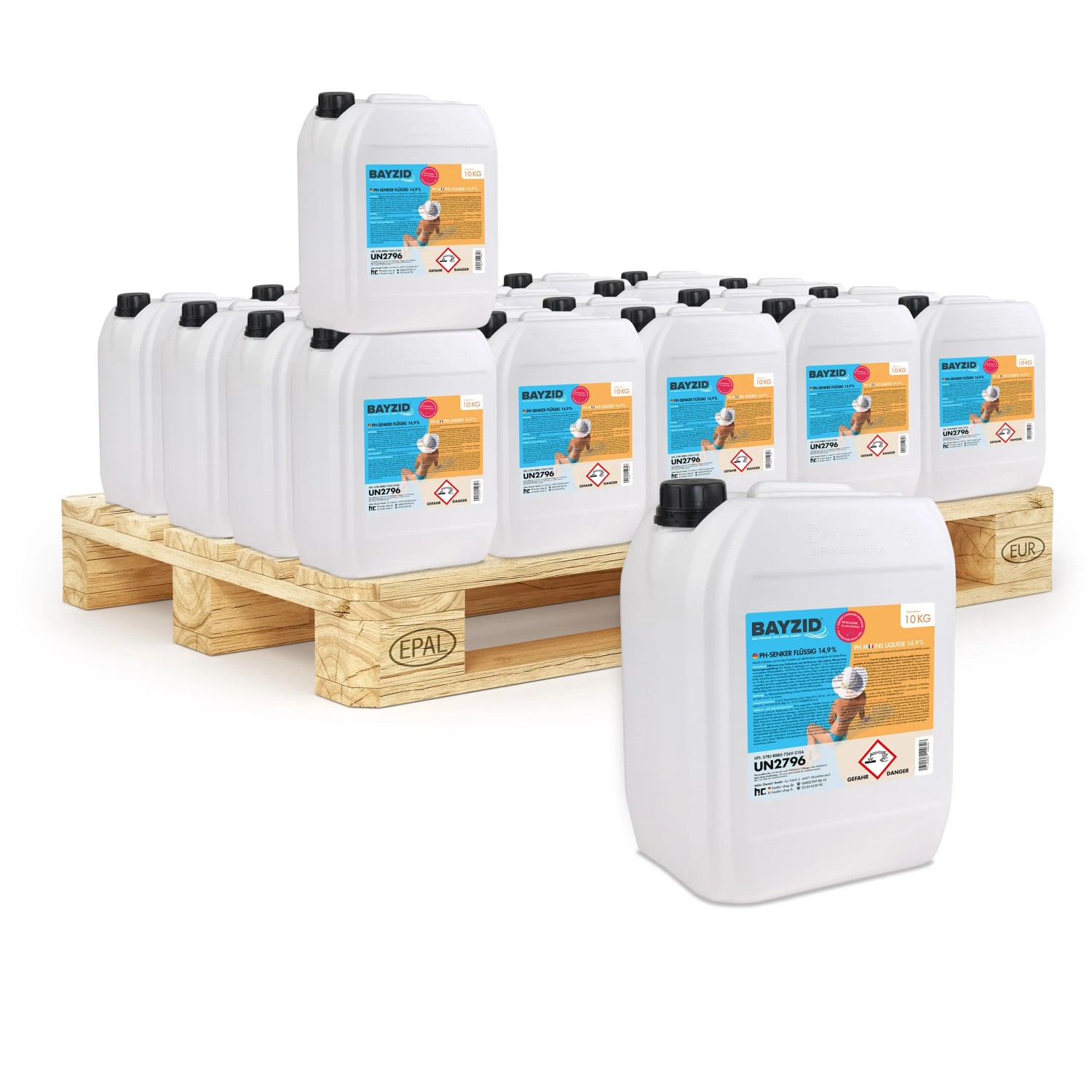 Palette mit Bayzid pH Minus Flüssig 14,9% 10kg Kanistern zur pH Regulierung.