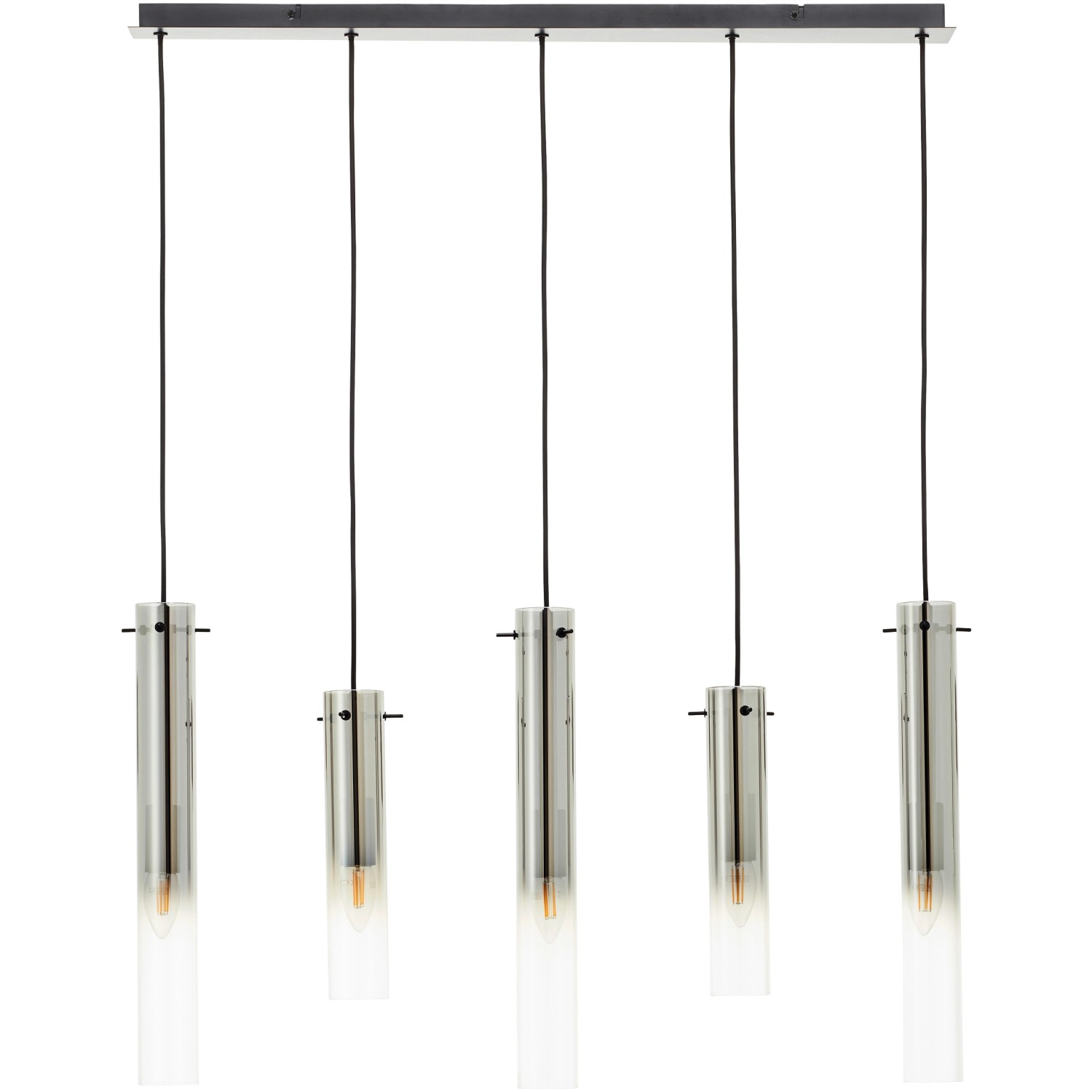 Moderne 5-flammige Pendelleuchte Glasini in Schwarz Matt mit zylindrischen Glasschirmen.