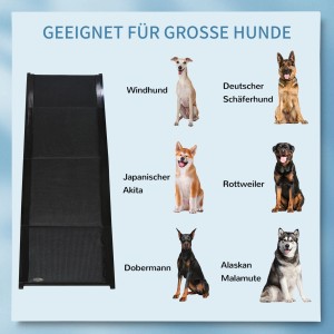 PawHut Haustierrampe, klappbar, mit verschiedenen Hunderassen als Beispiel.
