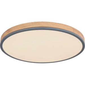 Runde LED-Deckenleuchte Doro in Graphit mit Holzoptik, dimmbar und mit Fernbedienung.