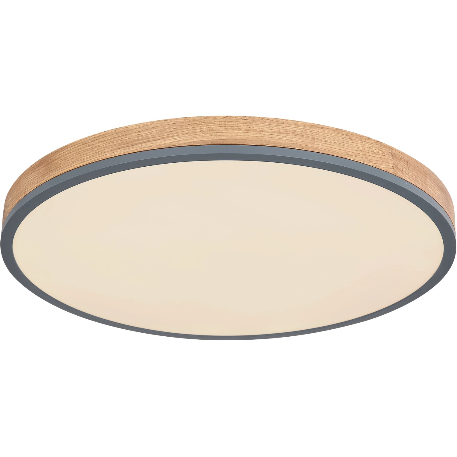 Runde LED-Deckenleuchte Doro in Graphit mit Holzoptik, dimmbar und mit Fernbedienung.