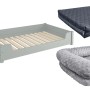 Graues Hunde- bzw. Haustierbett aus Kiefernholz mit Rollrost, Matratze und Polster.