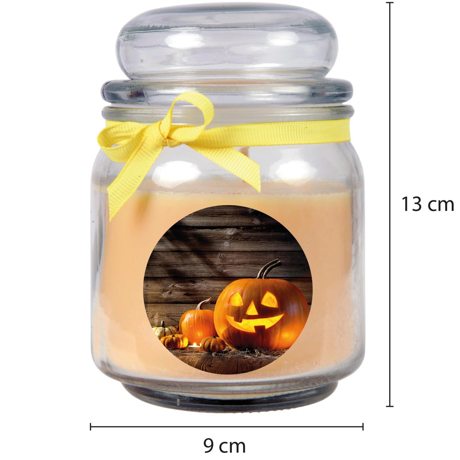 HS Candle Duftkerze im Glas mit Halloween Kürbis Motiv und gelber Schleife.