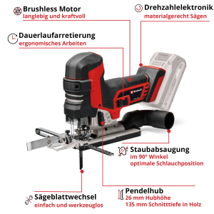Einhell Akku-Stichsäge TP-JST 18/135 Li BL Solo: Leistungsstarke Elektrosäge für präzise Schnitte.