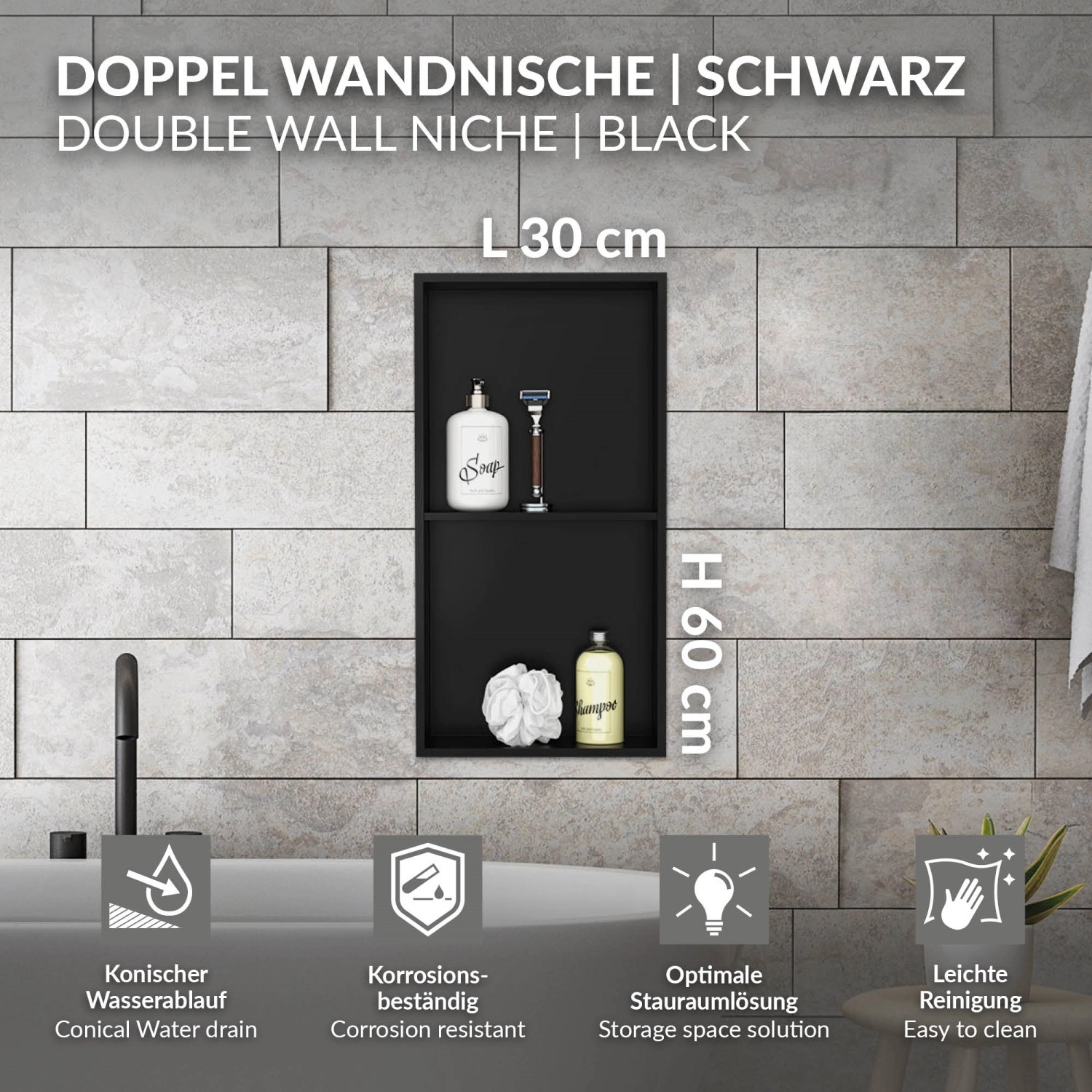 Schwarze LuxeBath Wandnische Doppel aus Edelstahl, 30x60x10cm, mit zwei Ablageflächen für Duschzubehör.