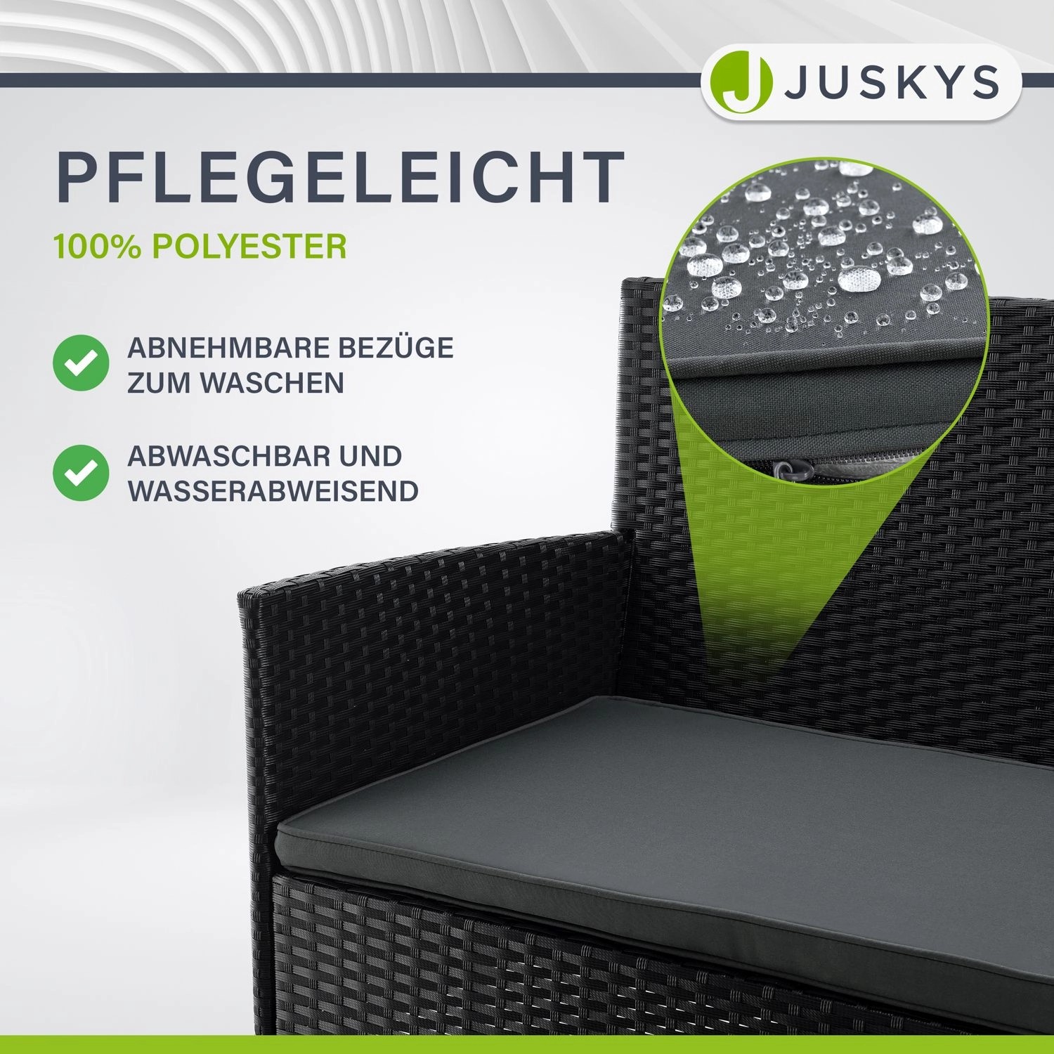 Detailaufnahme Polyrattan Gartenmöbel Sitzgruppe: Schwarzes Rattan, dunkelgraue Bezüge, wasserabweisend, pflegeleicht.