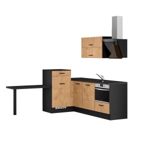 Impuls Winkelküche in Vintage Eiche-Optik mit E-Geräten (Kühlschrank, Kochfeld, Dunstabzugshaube, Spüle).