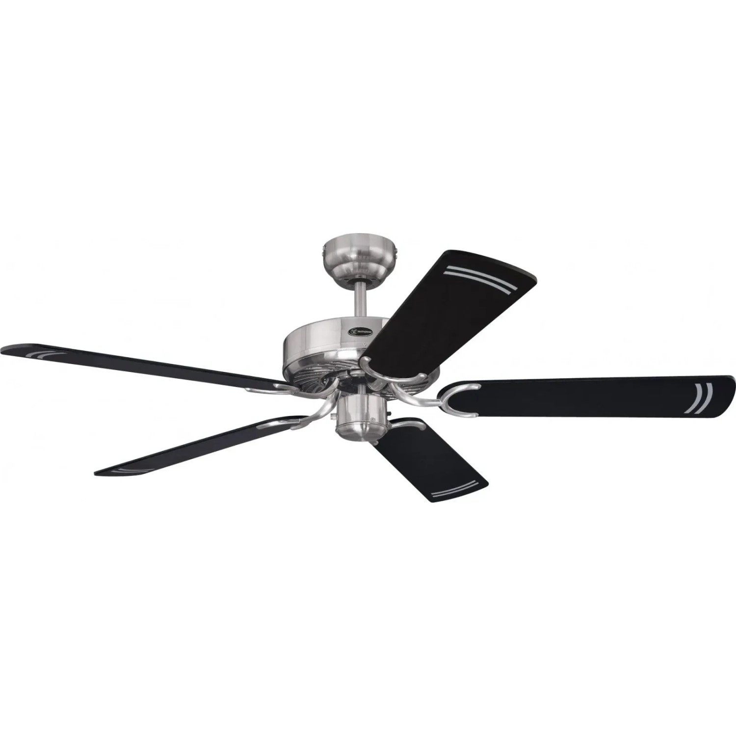 Westinghouse Deckenventilator Cyclone, 132 cm, Stahl gebürstet, schwarze Flügel mit silbernen Streifen.