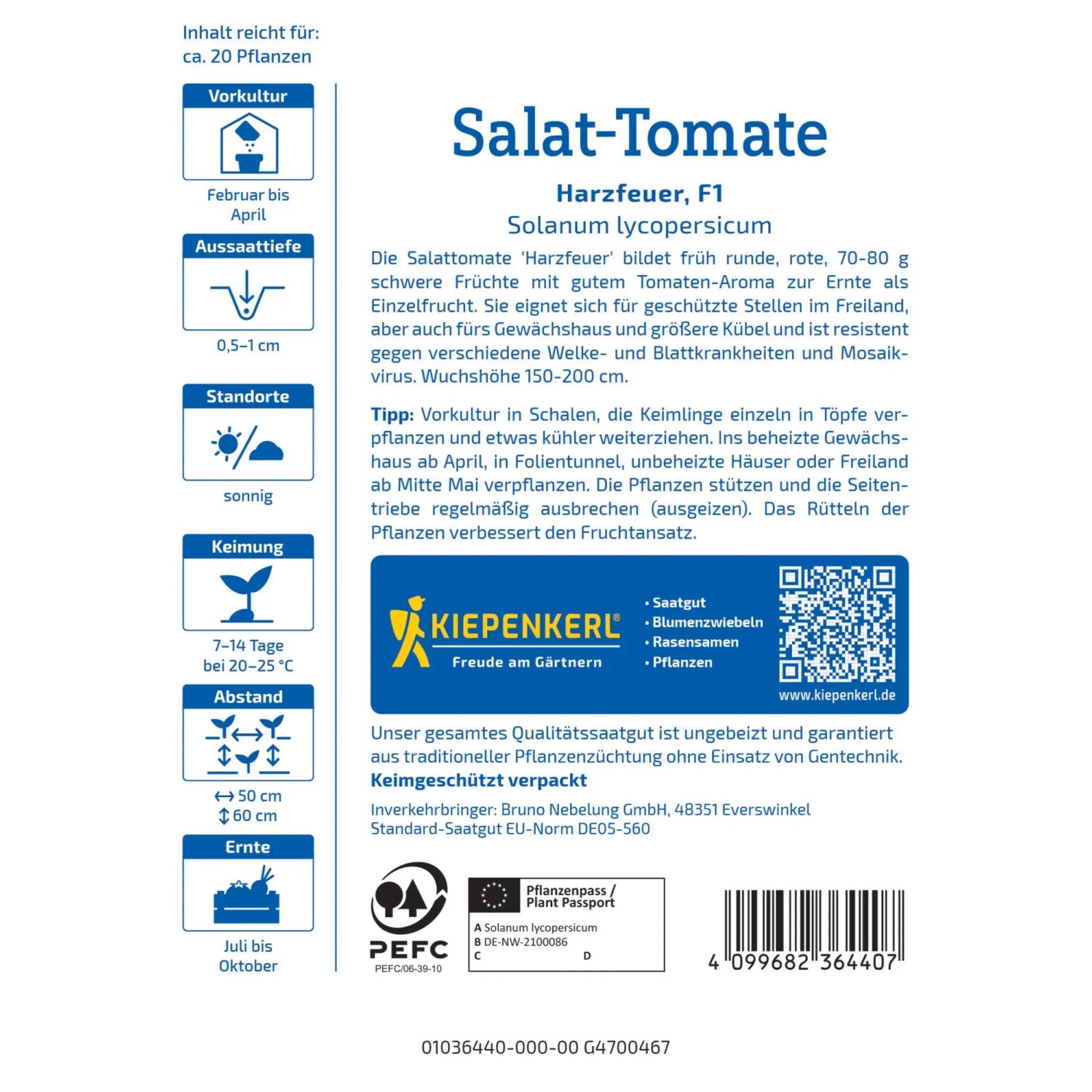Samentüte Kiepenkerl Profi-Line Tomaten Harzfeuer F1-Hybride mit Infos zu Anbau und Ernte.
