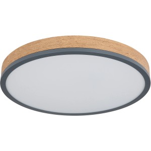 Runde LED-Deckenleuchte Doro, Graphit/Holzoptik, 450mm Durchmesser. Moderne Deckenlampe für Wohnräume.