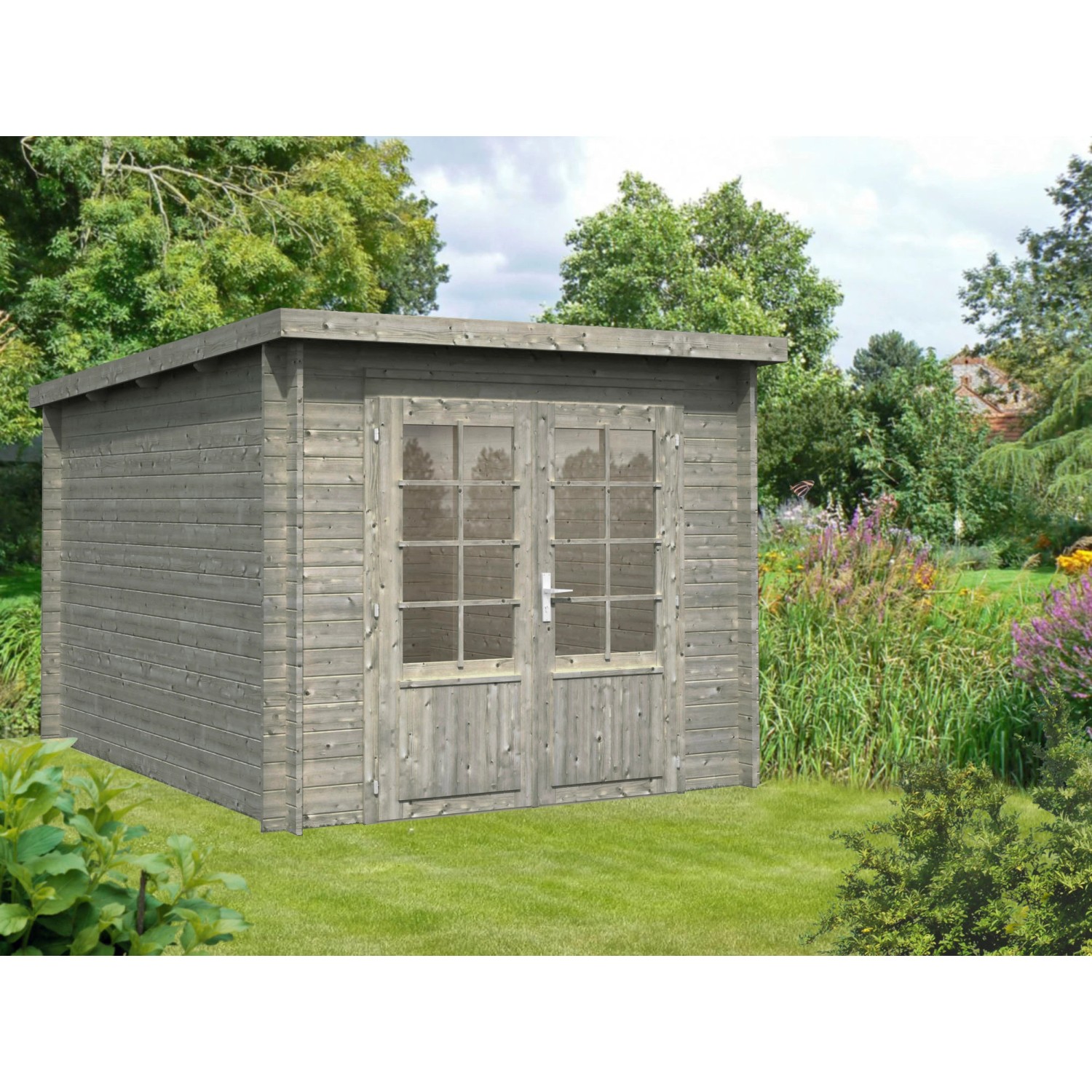 Palmako Ella Holz-Gartenhaus/Gerätehaus Grau Flachdach Tauchgrundiert 240 cm x 300 cm