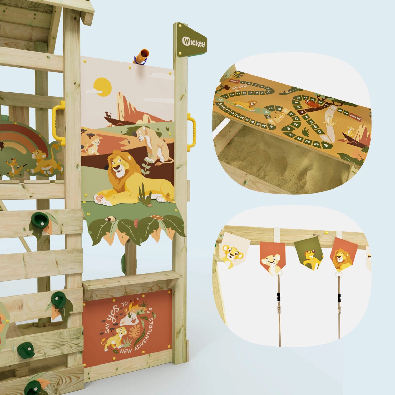 Wickey Spielturm Disney Adventure mit Rutsche, pastellgrün, mit König der Löwen Motiven.