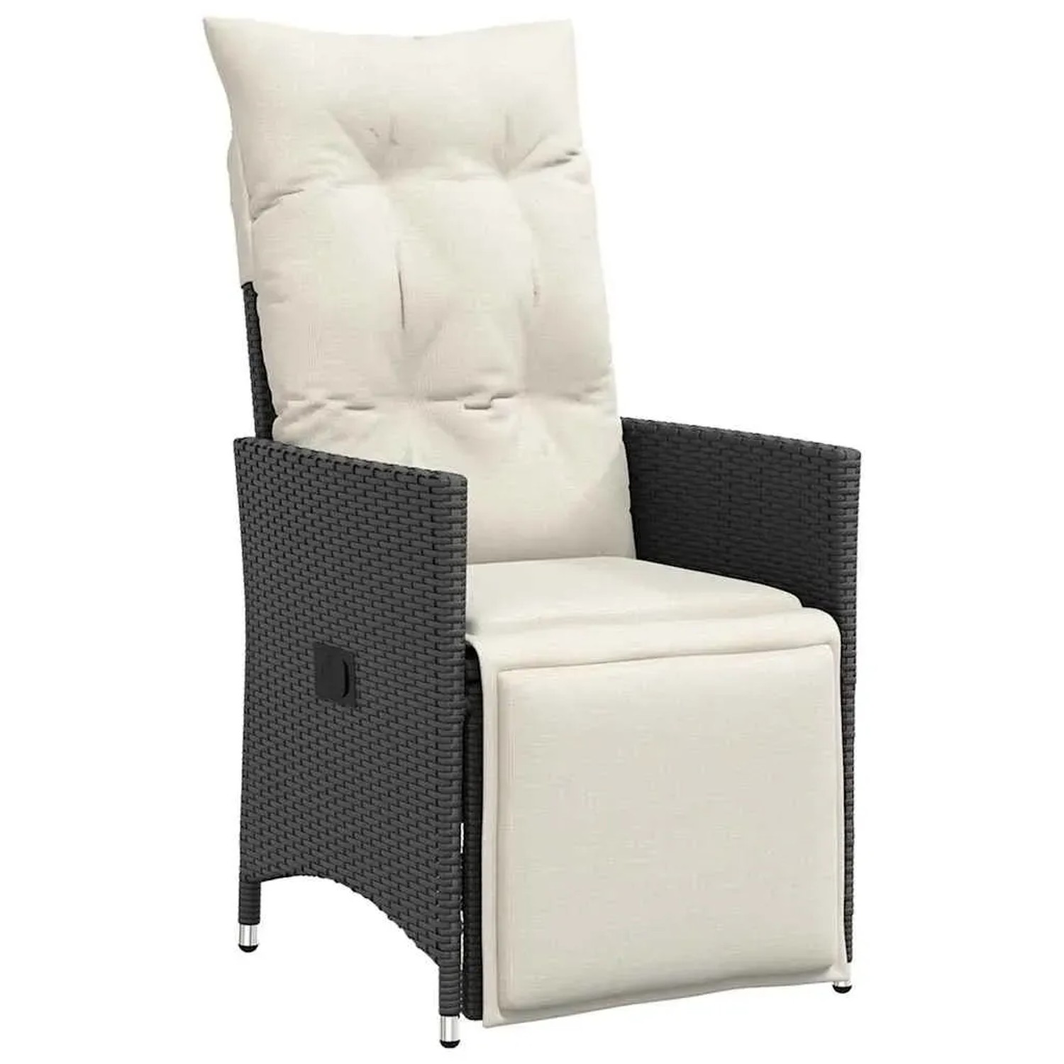 Schwarzer vidaXL Gartenstuhl aus Rattan mit beigen Kissen für eine 7-teilige Essgruppe.