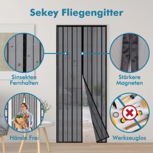Sekey Magnet-Fliegengitter schwarz für Balkontür, 115x210cm. Schützt vor Insekten, werkzeuglose Montage, Hände-frei-Zugang.