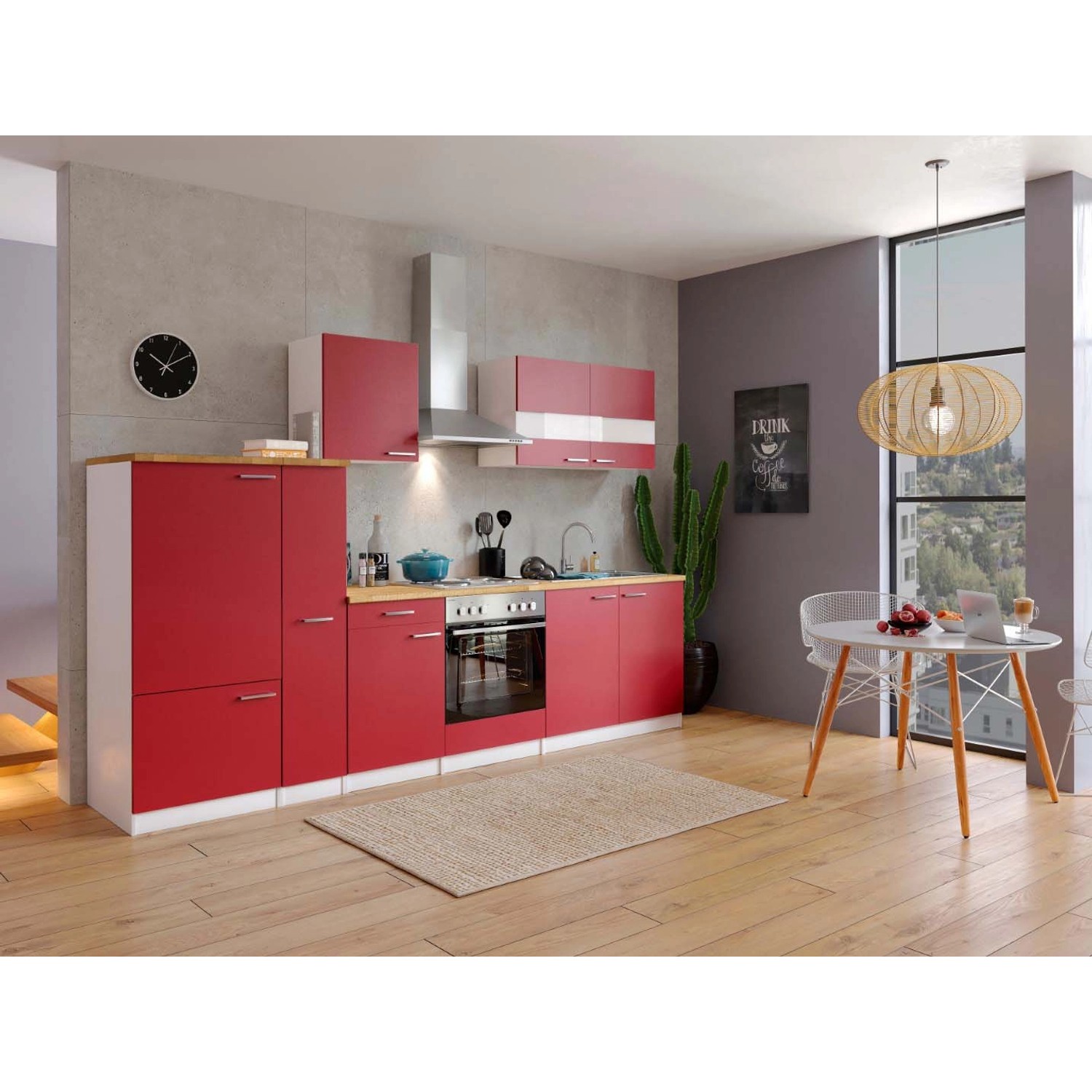 Respekta Küchenzeile/Küchenblock ohne E-Geräte 300 cm Rot-Weiß