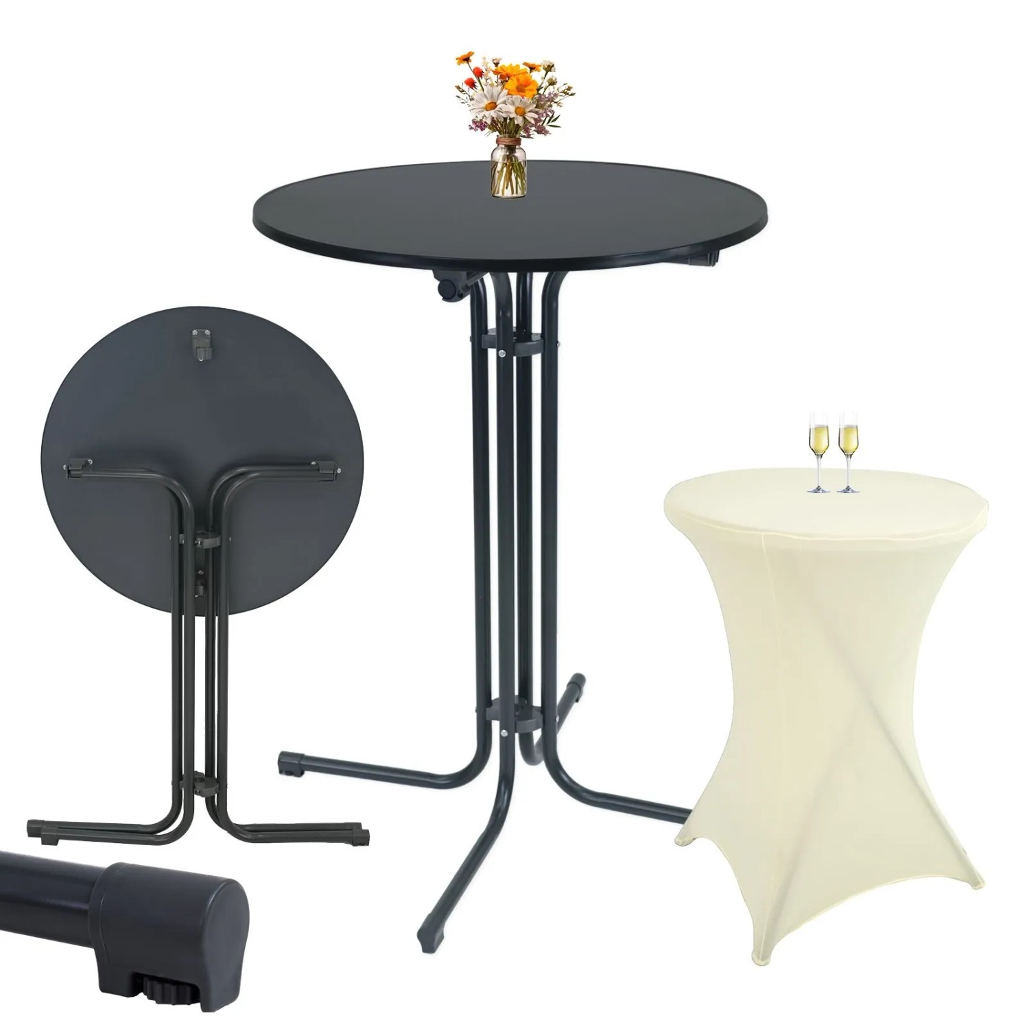 TRUTZHOLM Set Stehtisch Klappbar Durchmesser 80 cm Anthrazit Und Husse Bügelfrei Beige