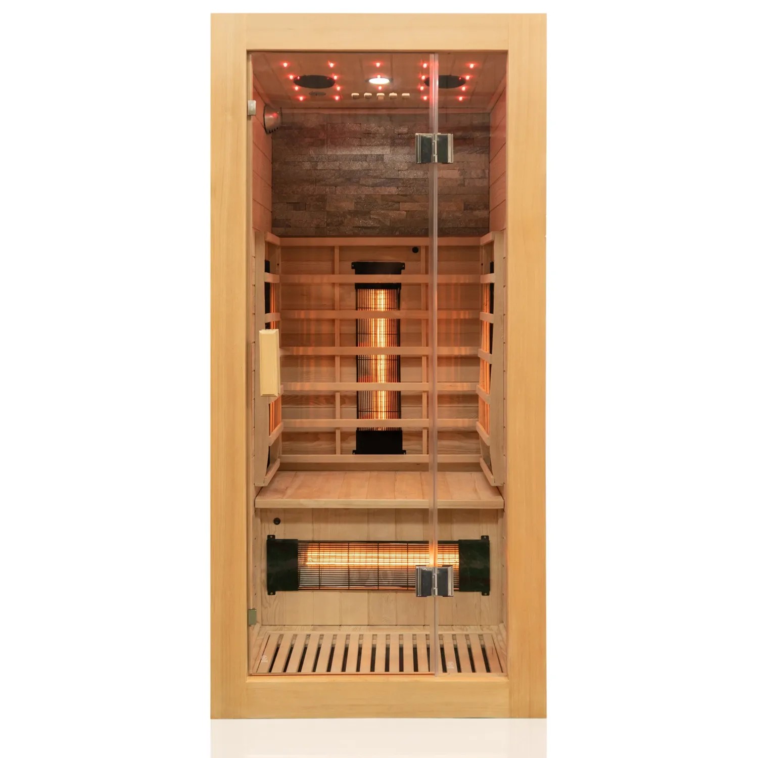 Dewello Infrarotkabine Milton aus Hemlockholz mit Glasfront und Innenleben. Sauna für 1 Person.