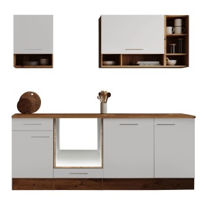 Respekta Küchenzeile Hilde, 220 cm, weiß, ohne E-Geräte. Unterschränke, Oberschränke und Arbeitsplatte in Holzoptik.