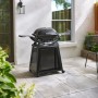 Schwarzer Weber Gasgrill Q2200N mit Rollwagen und einem Brenner auf einer Terrasse.