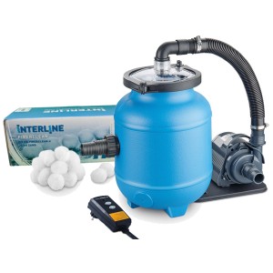 Komplettes Fiberclean Filteranlagen Set für Holzpool, bestehend aus Pumpe, Filterbehälter, Fiberclean und Steuerung.