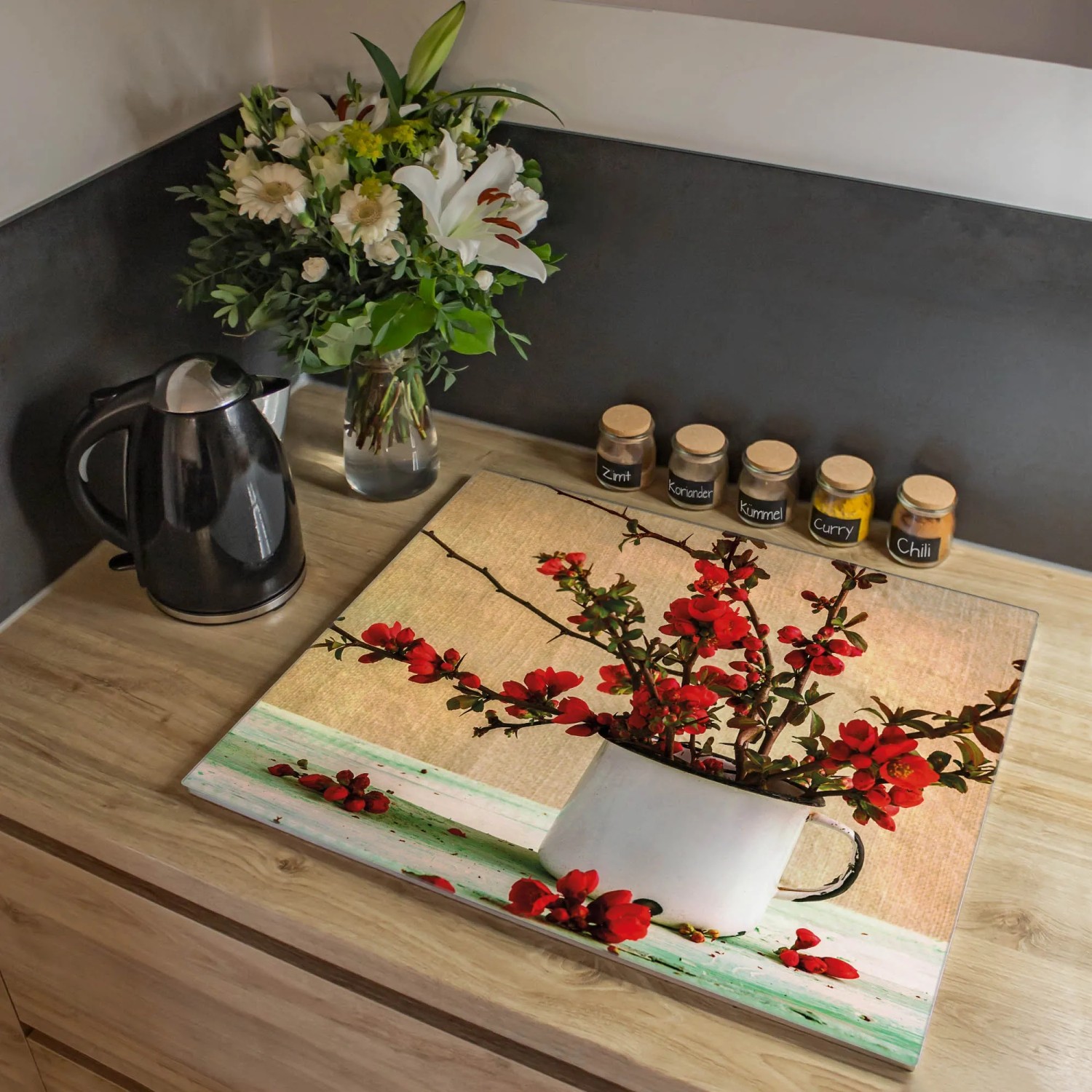 Banjado Glas Herdabdeckplatte mit Berberitzen Motiv, 60x52 cm.